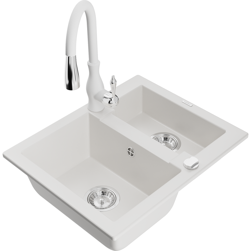 Mexen Carlos granitový dřez 1,5-komorový s kuchyňskou baterií Savita, bílý - 6518-20-672601-20