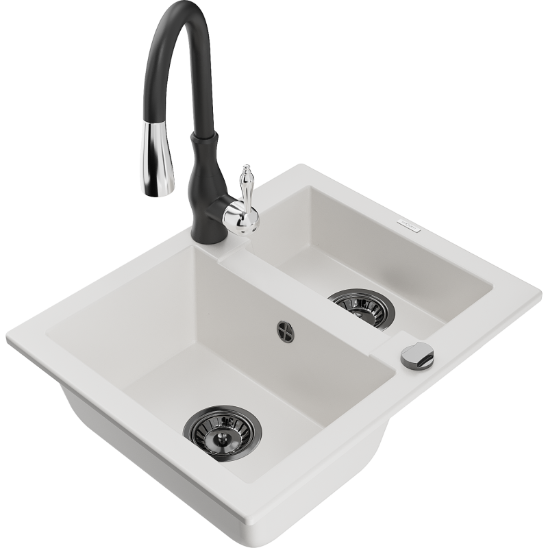 Mexen Carlos granitový dřez 1,5-komorový s kuchyňskou baterií Savita, bílý - 6518-20-672601-70