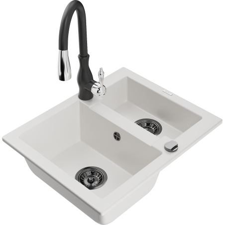 Mexen Carlos granitový dřez 1,5-komorový s kuchyňskou baterií Savita, bílý - 6518-20-672601-70