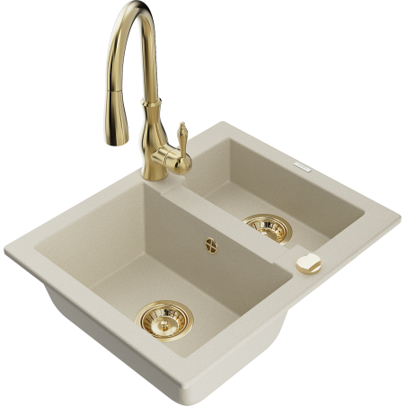 Mexen Carlos granitový dřez 1,5-komorový s kuchyňskou baterií Savita, béžový - 6518-69-672601-50