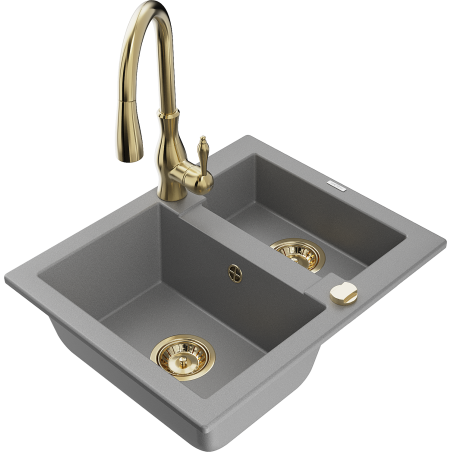 Mexen Carlos žulový dřez s 1,5 komorou a kuchyňskou baterií Savita, šedý - 6518-71-672601-50