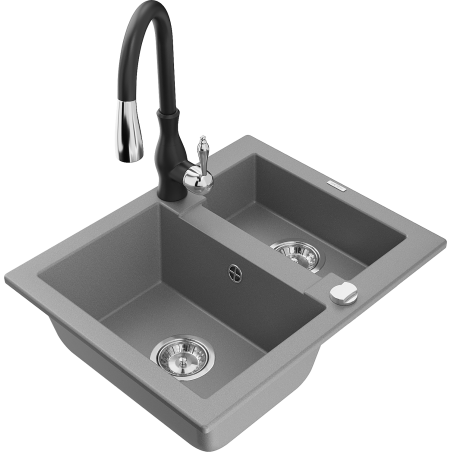 Mexen Carlos dřez granitový 1,5-komorový s kuchyňskou baterií Savita, šedý - 6518-71-672601-70