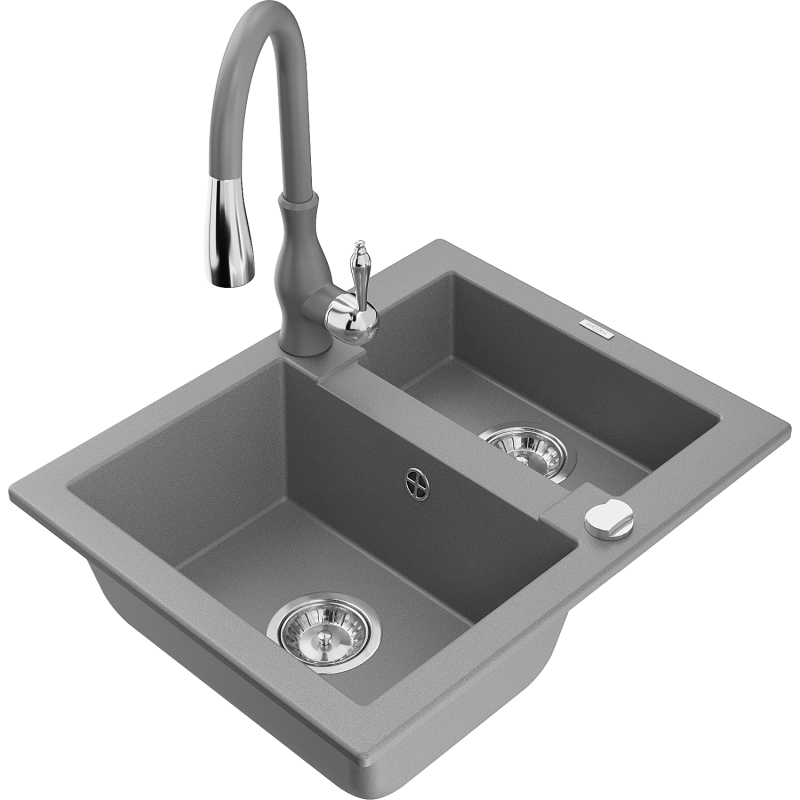 Mexen Carlos žulový dřez 1,5-komorový s kuchyňskou baterií Savita, šedý - 6518-71-672601-71