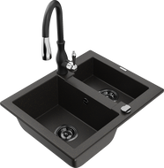 Mexen Carlos kamenný kuchyňský dřez 1,5-komorový s kuchyňskou baterií Savita, černý/zlatý metalický