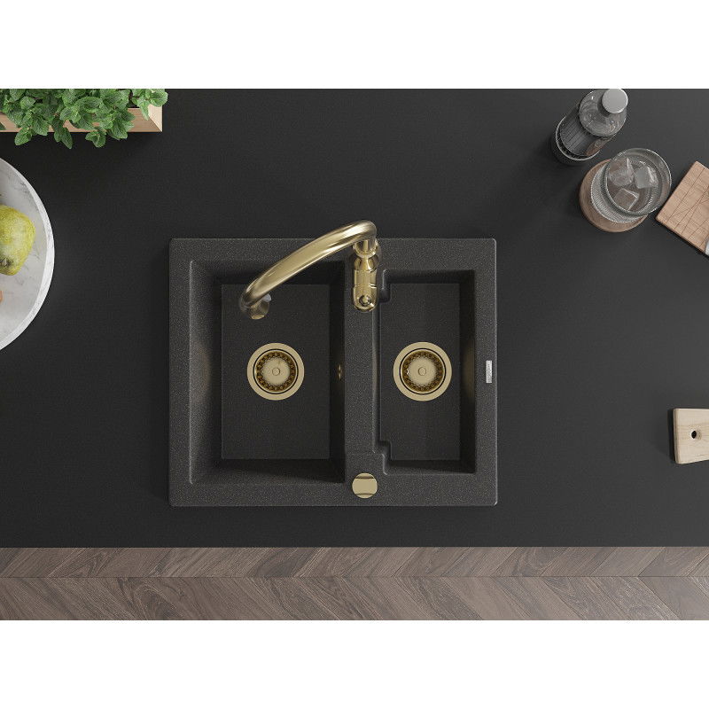 Mexen Carlos granitový dřez 1,5-komorový s kuchyňskou baterií Savita, černý tečkovaný - 6518-76-672601-50