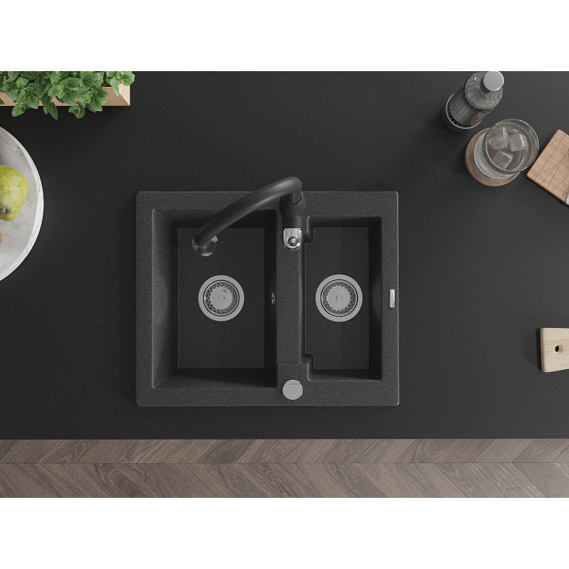 Mexen Carlos žulový dřez 1,5-komorový s kuchyňskou baterií Savita, černý s tečkami - 6518-76-672601-70