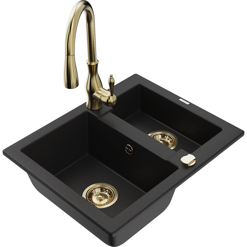 Mexen Carlos granitový dřez 1,5-komorový s kuchyňskou baterií Savita, černý - 6518-77-672601-50