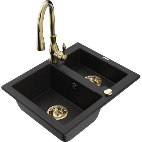 Mexen Carlos granitový dřez 1,5-komorový s kuchyňskou baterií Savita, černý - 6518-77-672601-50