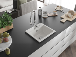 Mexen Milo granitový dřez 1-komorový s kuchyňskou baterií Savita, bílý - 6505-20-672601-00