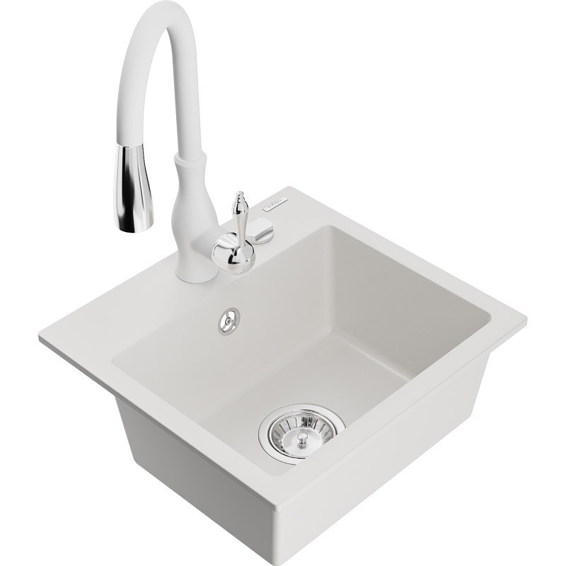 Mexen Milo granitový dřez s 1 komorou a kuchyňskou baterií Savita, bílý - 6505-20-672601-20