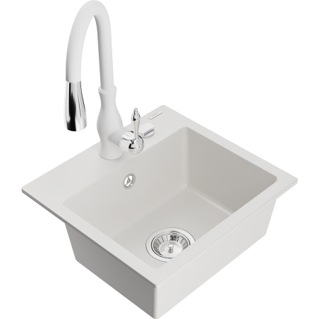Mexen Milo granitový dřez s 1 komorou a kuchyňskou baterií Savita, bílý - 6505-20-672601-20