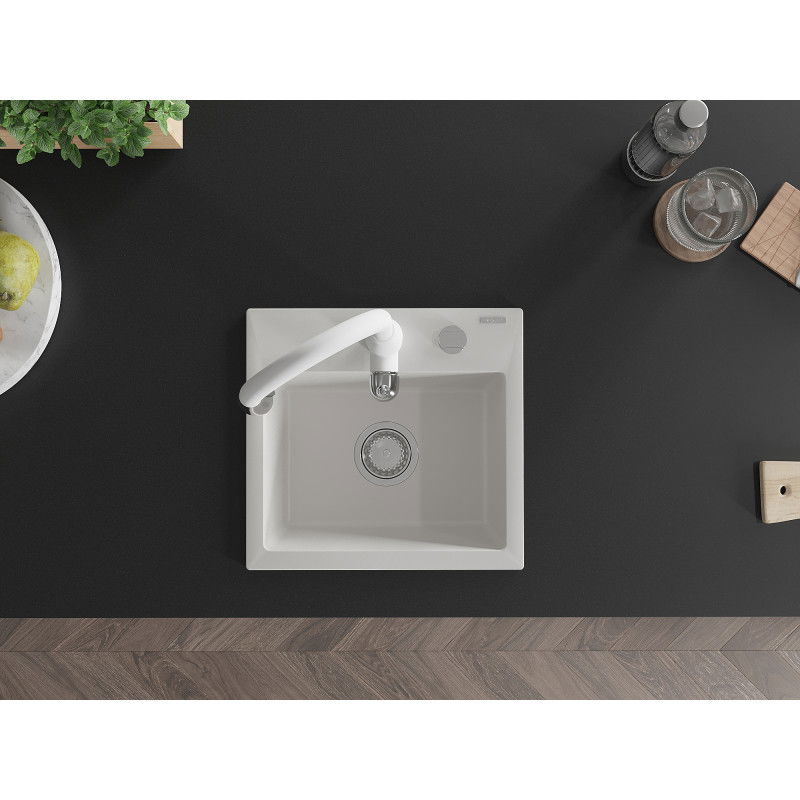 Mexen Milo granitový dřez s 1 komorou a kuchyňskou baterií Savita, bílý - 6505-20-672601-20
