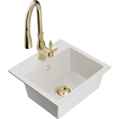 Mexen Milo granitový dřez 1-komorový s kuchyňskou baterií Savita, bílý - 6505-20-672601-50