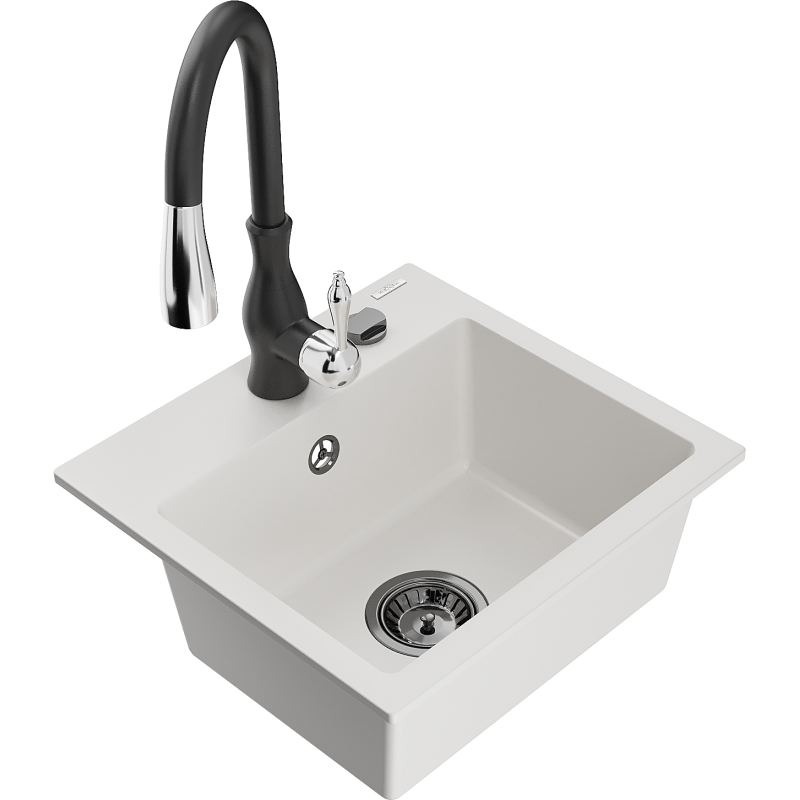 Mexen Milo granitový dřez s 1 komorou a kuchyňskou baterií Savita, bílý - 6505-20-672601-70