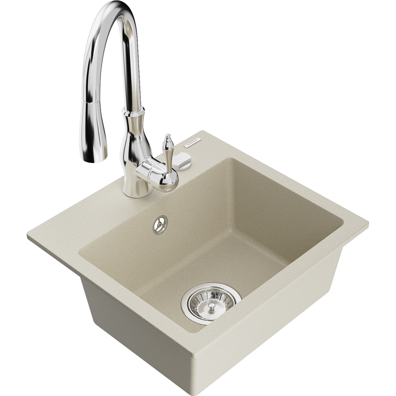 Mexen Milo granitový dřez 1-komorový s kuchyňskou baterií Savita, béžový - 6505-69-672601-00