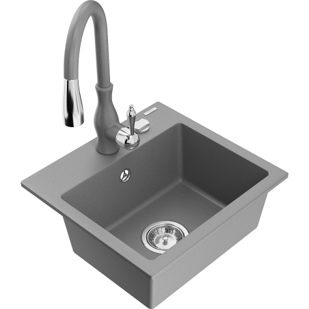 Mexen Milo jednokomorový žulový dřez s kuchyňskou baterií Savita, šedý - 6505-71-672601-71