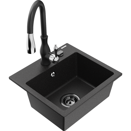 Mexen Milo granitový jednodřez s kuchyňskou baterií Savita, černý/stříbrný metalický - 6505-73-672601-70-B