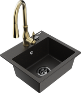 Mexen Milo granitový dřez 1-komorový s kuchyňskou baterií Savita, černý/zlatý metalik - 6505-75-672601-50-B