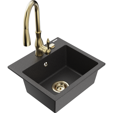 Mexen Milo jednokomorový žulový dřez s kuchyňskou baterií Savita, černý skvrnitý - 6505-76-672601-50