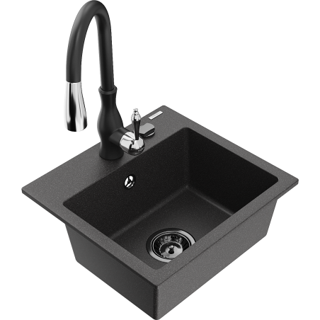 Mexen Milo granitový dřez s 1 komorou a kuchyňskou baterií Savita, černý skvrnitý - 6505-76-672601-70-B