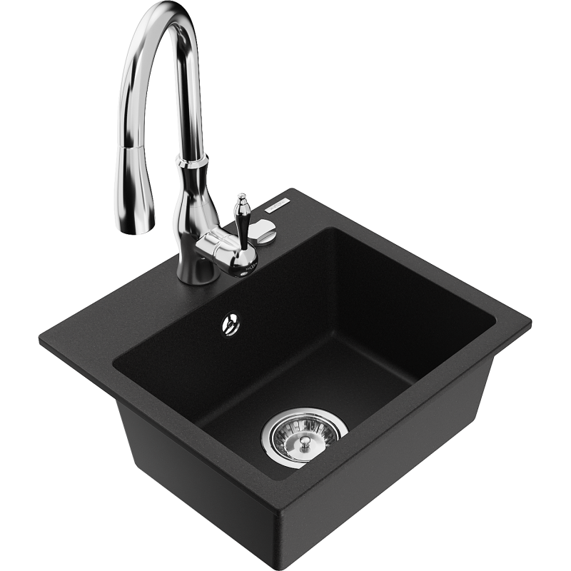 Mexen Milo granitový dřez s 1 komorou a kuchyňskou baterií Savita, černý - 6505-77-672601-00
