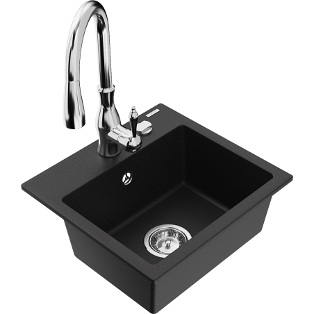 Mexen Milo granitový dřez s 1 komorou a kuchyňskou baterií Savita, černý - 6505-77-672601-00