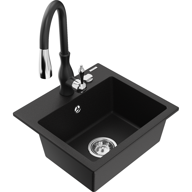 Mexen Milo granitový dřez jednokomorový s kuchyňskou baterií Savita, černý - 6505-77-672601-70