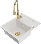 Mexen Enzo granitový dřez 1-komorový s odkapávačem a kuchyňskou baterií Savita, bílý - 6506-20-672601-50