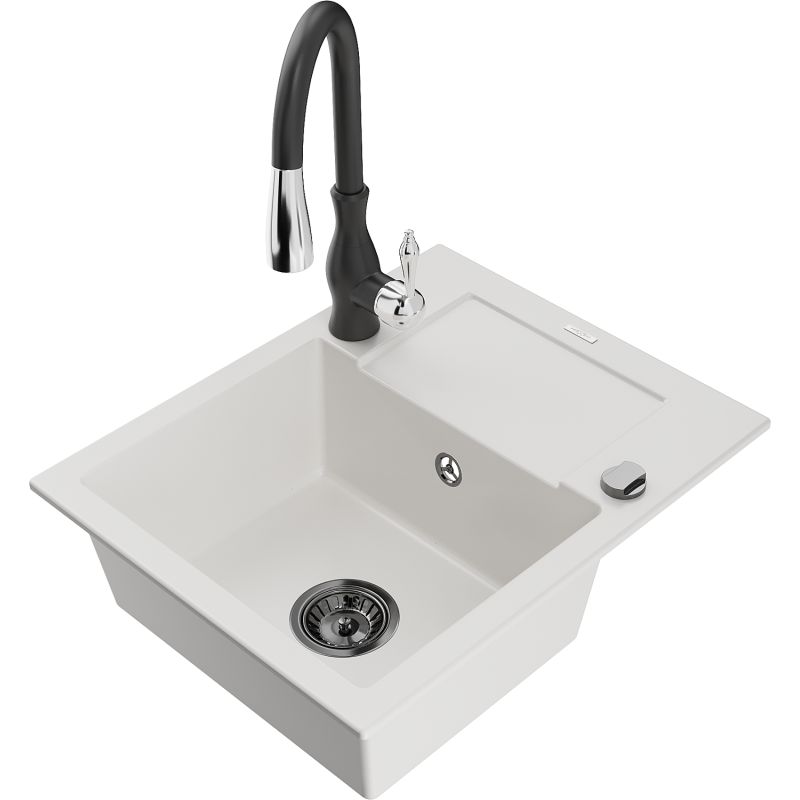 Mexen Enzo žulový dřez s jednou komorou s odkapávačem a kuchyňskou baterií Savita, bílý - 6506-20-672601-70