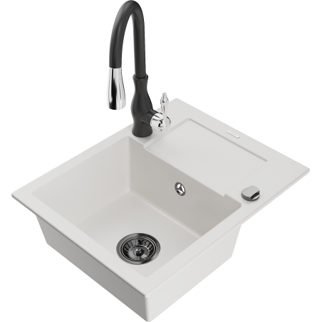 Mexen Enzo žulový dřez s jednou komorou s odkapávačem a kuchyňskou baterií Savita, bílý - 6506-20-672601-70