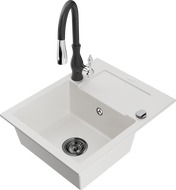 Mexen Enzo žulový dřez s jednou komorou s odkapávačem a kuchyňskou baterií Savita, bílý - 6506-20-672601-70