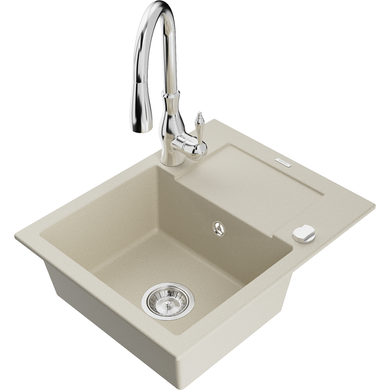 Mexen Enzo jednokomorový granitový dřez s odkapávačem a kuchyňskou baterií Savita, béžový - 6506-69-672601-00