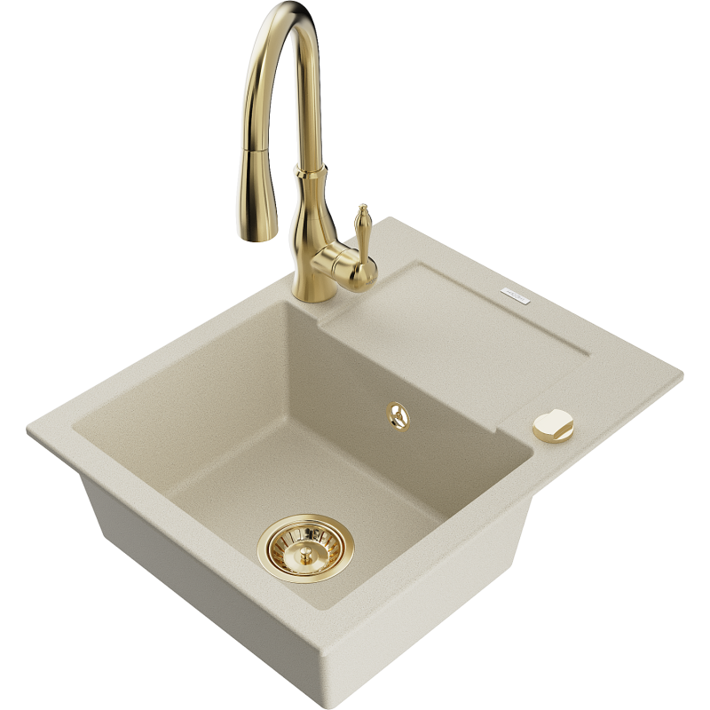 Mexen Enzo granitový dřez s jednou komorou, odkapávačem a kuchyňskou baterií Savita, béžový - 6506-69-672601-50