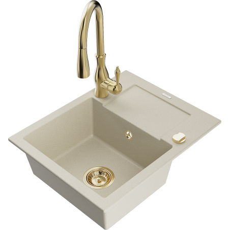 Mexen Enzo granitový dřez s jednou komorou, odkapávačem a kuchyňskou baterií Savita, béžový - 6506-69-672601-50