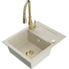 Mexen Enzo granitový dřez s jednou komorou, odkapávačem a kuchyňskou baterií Savita, béžový - 6506-69-672601-50