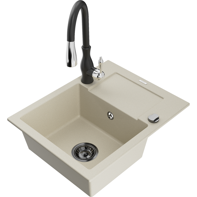 Mexen Enzo granitový dřez 1-komorový s odkapávačem a kuchyňskou baterií Savita, béžový - 6506-69-672601-70