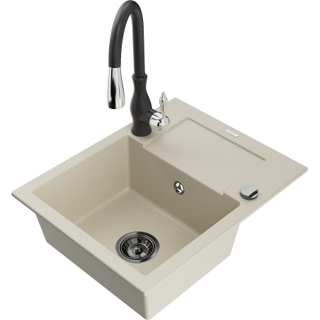 Mexen Enzo granitový dřez 1-komorový s odkapávačem a kuchyňskou baterií Savita, béžový - 6506-69-672601-70