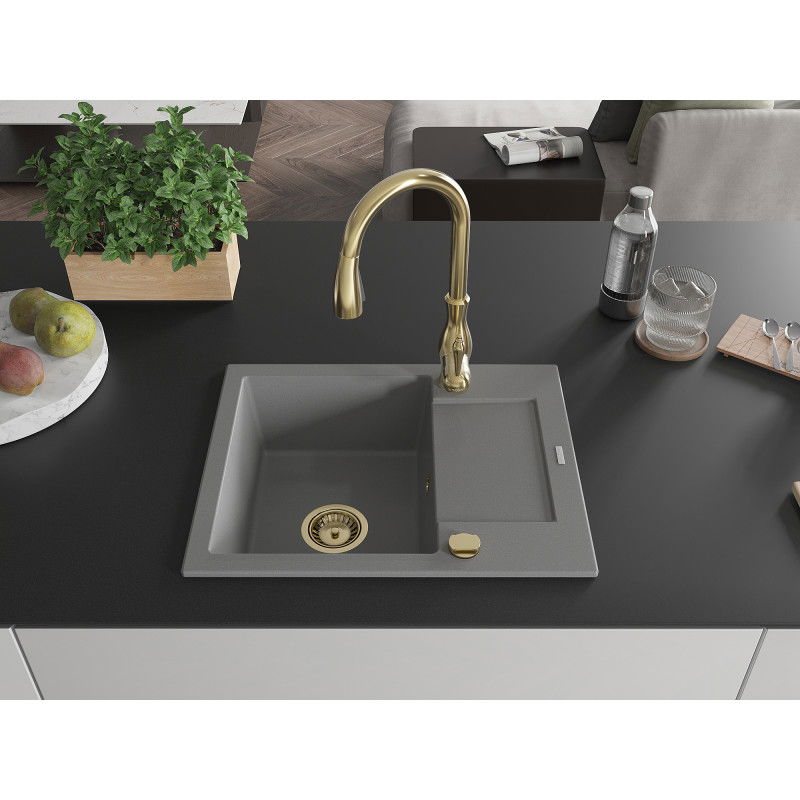 Mexen Enzo granitový dřez 1-komorový s odkapávačem a kuchyňskou baterií Savita, šedý - 6506-71-672601-50
