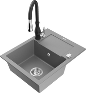 Mexen Enzo granitový dřez s 1 komorou, odkapávačem a kuchyňskou baterií Savita, šedý - 6506-71-672601-70