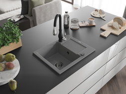 Mexen Enzo granitový dřez s 1 komorou s odkapávačem a kuchyňskou baterií Savita, šedý - 6506-71-672601-70-B