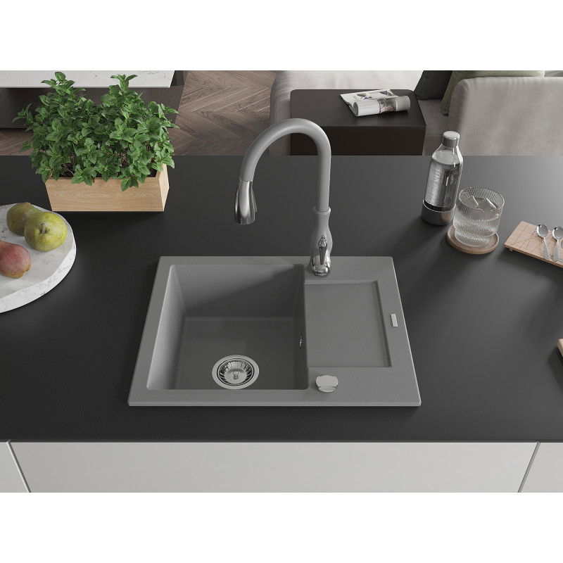 Mexen Enzo dřez žulový 1-komorový s odkapávačem a kuchyňskou baterií Savita, šedý - 6506-71-672601-71