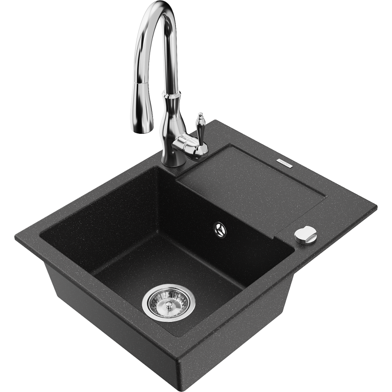 Mexen Enzo granitový dřez 1-komorový s odkapávačem a kuchyňskou baterií Savita, černý/stříbrný metalik - 6506-73-672601-00