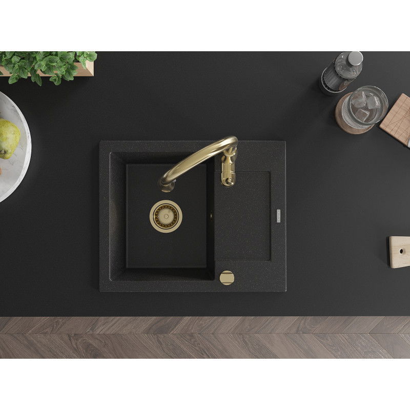 Mexen Enzo granitový dřez 1-komorový s odkapávačem a kuchyňskou baterií Savita, černý/stříbrný metalik - 6506-73-672601-50