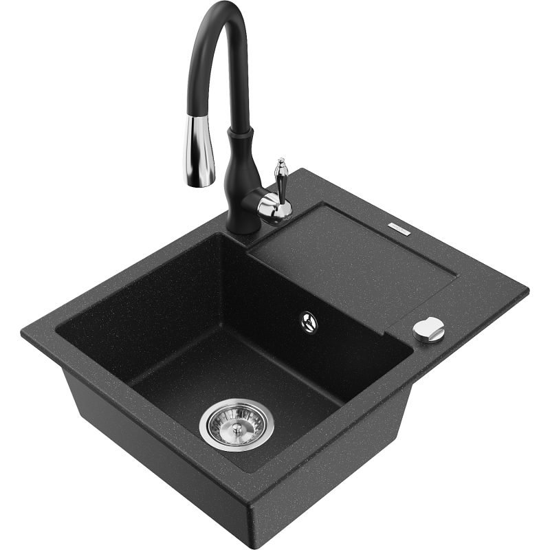 Mexen Enzo dřez granitový jednokomorový s odkapávačem a kuchyňskou baterií Savita, černý/stříbrný metalik - 6506-73-672601-70