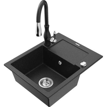 Mexen Enzo dřez granitový jednokomorový s odkapávačem a kuchyňskou baterií Savita, černý/stříbrný metalik - 6506-73-672601-70
