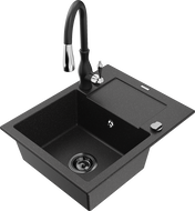 Mexen Enzo granitový dřez s 1 komorou a odkapávačem a kuchyňskou baterií Savita, černý/stříbrný metalik - 6506-73-672601-70-B