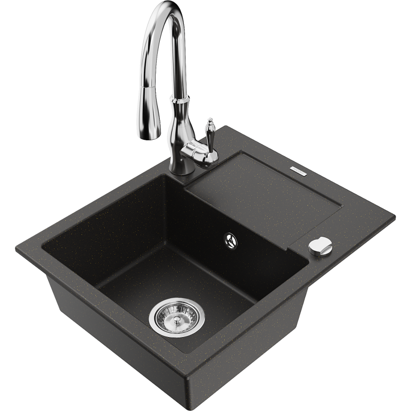 Mexen Enzo granitový dřez jednokomorový s odkapávačem a kuchyňskou baterií Savita, černý/zlatý metalik - 6506-75-672601-00