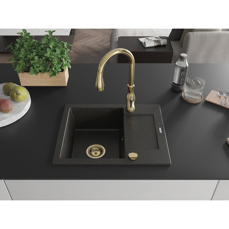 Mexen Enzo granitový dřez s jednou komorou, okapem a kuchyňskou baterií Savita, černý/zlatý metalík - 6506-75-672601-50