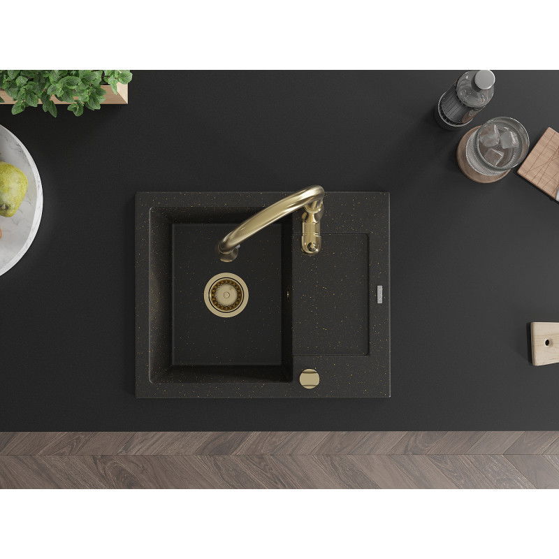 Mexen Enzo granitový dřez s 1 komorou s odkapávačem a kuchyňskou baterií Savita, černý/zlatý metalik - 6506-75-672601-50