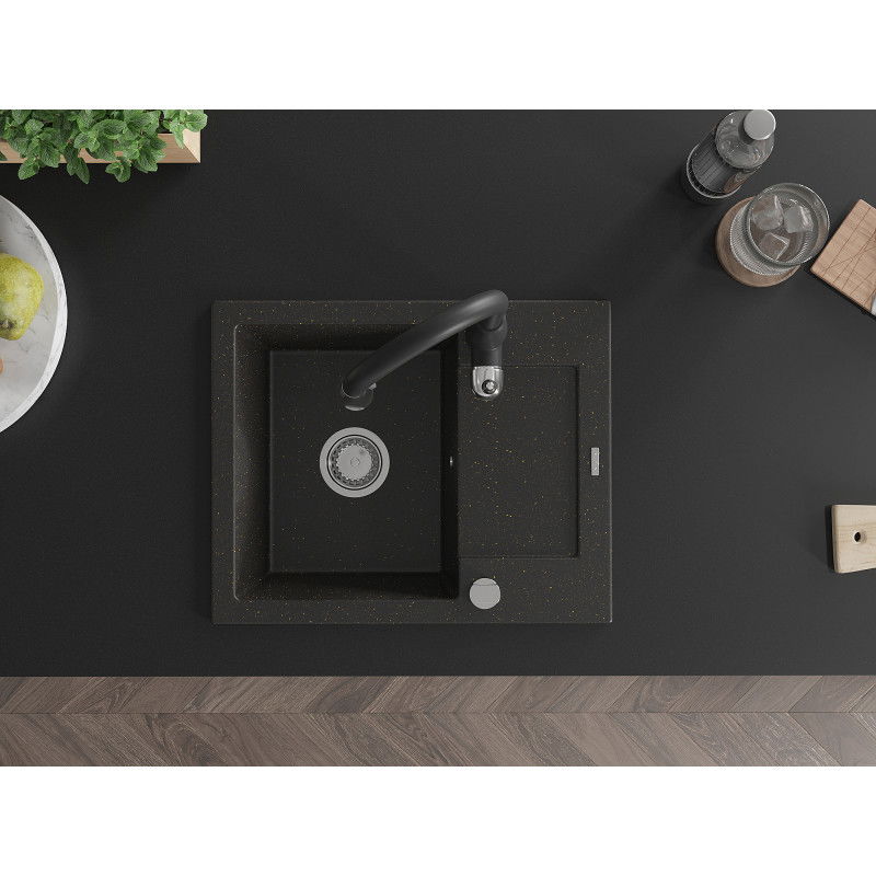 Mexen Enzo granitový dřez 1-komorový s odkapávačem a kuchyňskou baterií Savita, černý/zlatý metalický - 6506-75-672601-70